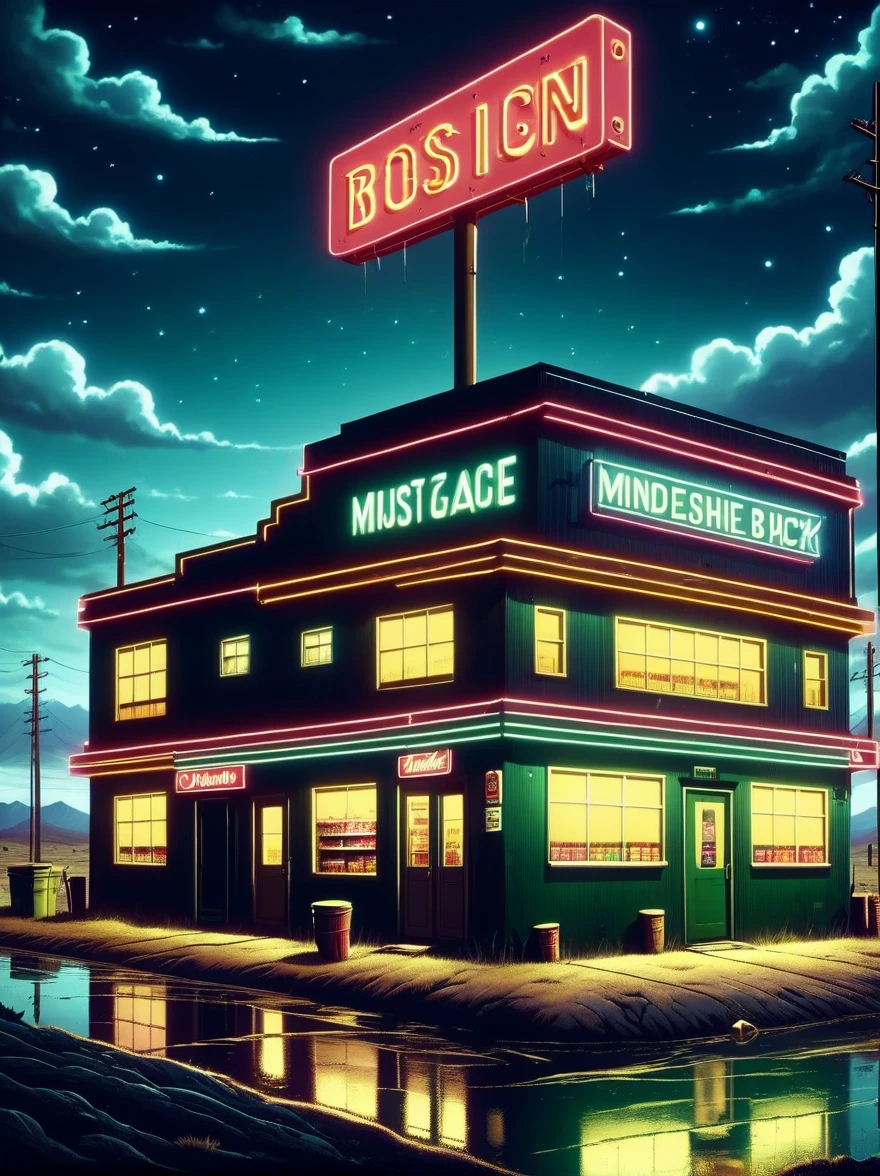 Midnight convenience store,Pitch black sky,Wasteland,,desolate,fear,Weird,mystery,dark