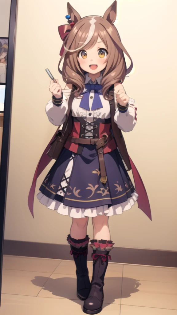 1 girl, alone, smile, open your mouth,, full body, holding, boots, room, 1 girl, masterpiece, expensive quality, very_expensive_solve, big_file size, full color, 2024\(style\), anime, anime_screen cap, animeーション化された gif, mp4 ,video, animeーション化された,masterpiece, highest quality, Matikane Tannhauser (umamusume) ｜ Umamusume ｜ Machikanetanhuiza (Uma Musume)