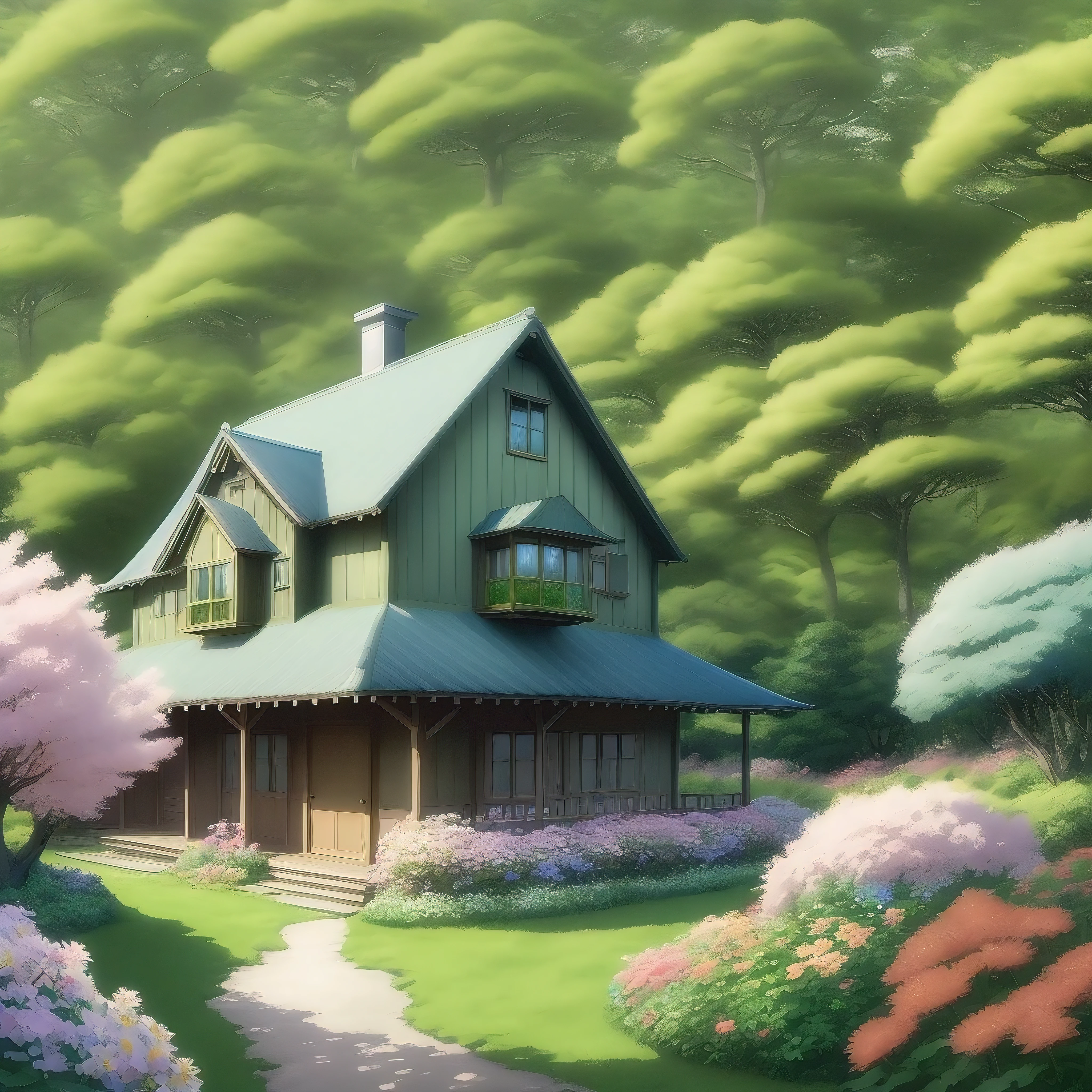Create animation ghibli studio image of a house kissed by daylight grace in the middle of forest and a lot of flower.