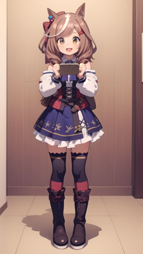 1 girl, alone, smile, open your mouth,, full body, holding, boots, room, 1 girl, masterpiece, expensive quality, very_expensive_solve, big_file size, full color, 2024\(style\), anime, anime_screen cap, animeーション化された gif, mp4 ,video, animeーション化された,masterpiece, highest quality, Matikane Tannhauser (umamusume) | Umamusume | Machikanetanhuiza (Uma Musume)