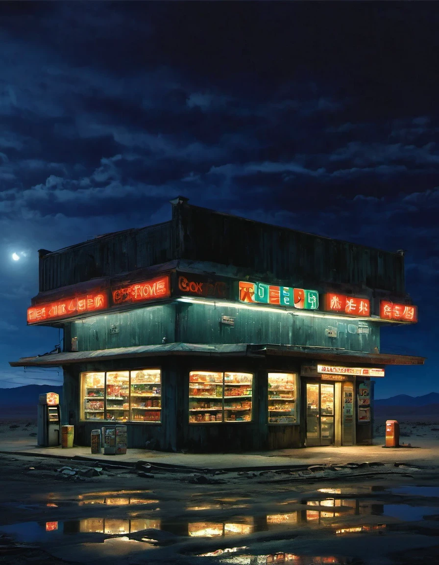 Midnight convenience store,Pitch black sky,Wasteland,,desolate,fear,Weird,mystery,dark