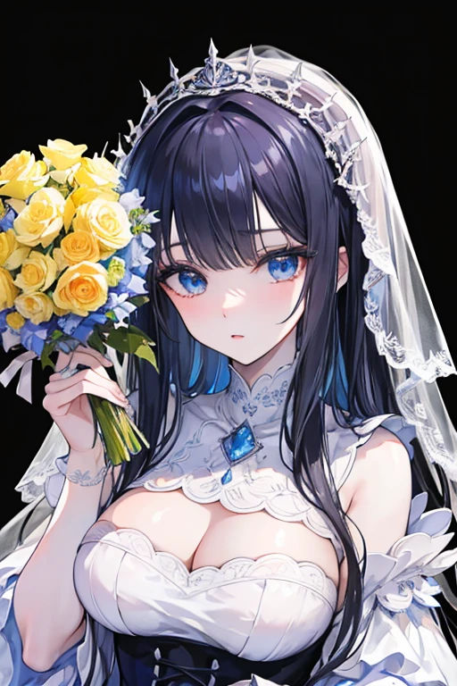 masterpiece, masterpiece_portrait, distinct, distinct_image, high_resolution, highres, high_quality_anime, high_quality, hyper_detail, finely_detailed,4K, YUJU, GFRIEND, KPOP , white Wedding Dress, sexy body, ((black hair)), blue eyes, wedding veil, bouquet