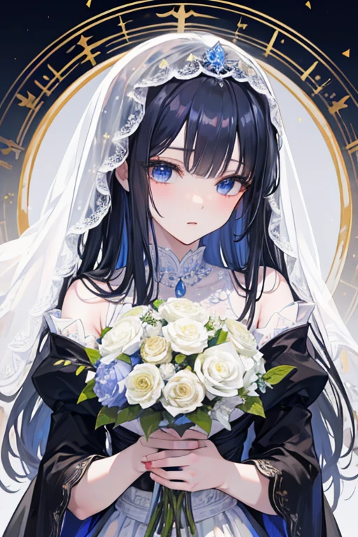 masterpiece, masterpiece_portrait, distinct, distinct_image, high_resolution, highres, high_quality_anime, high_quality, hyper_detail, finely_detailed,4K, YUJU, GFRIEND, KPOP , white Wedding Dress, sexy body, ((black hair)), blue eyes, wedding veil, bouquet