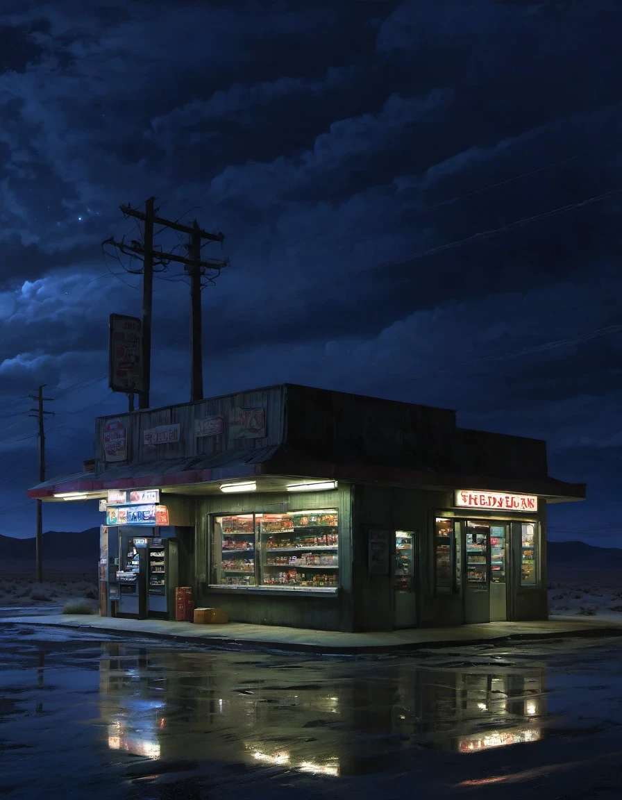 Midnight convenience store,Pitch black sky,Wasteland,,desolate,fear,Weird,mystery,dark