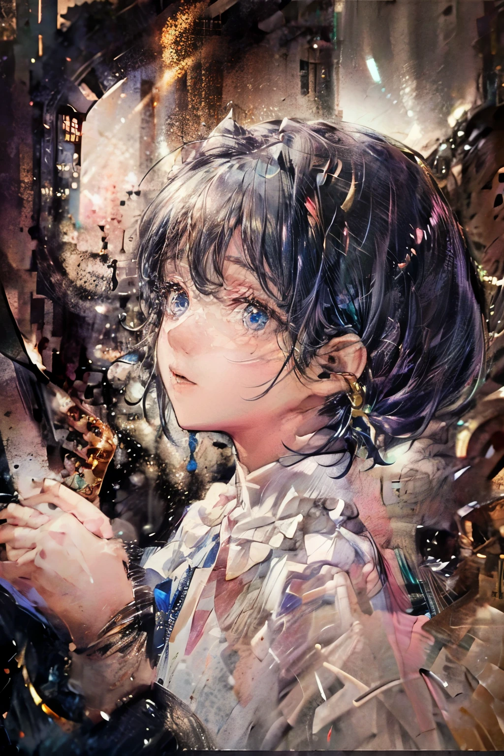 female, angel, 4 wings, black hair with white highlights, blue eyes, gold accessories, white elegant clothes, ((character concept art)), high definition, best quality, ultra-detailed, extremely delicate, anatomically correct, symmetrical face, extremely detailed eyes and face, high quality eyes, creativity, RAW photo, UHD, 8k, (Natural light, professional lighting:1.2, cinematic lighting:1.5, best shadow), (masterpiece:1.5)