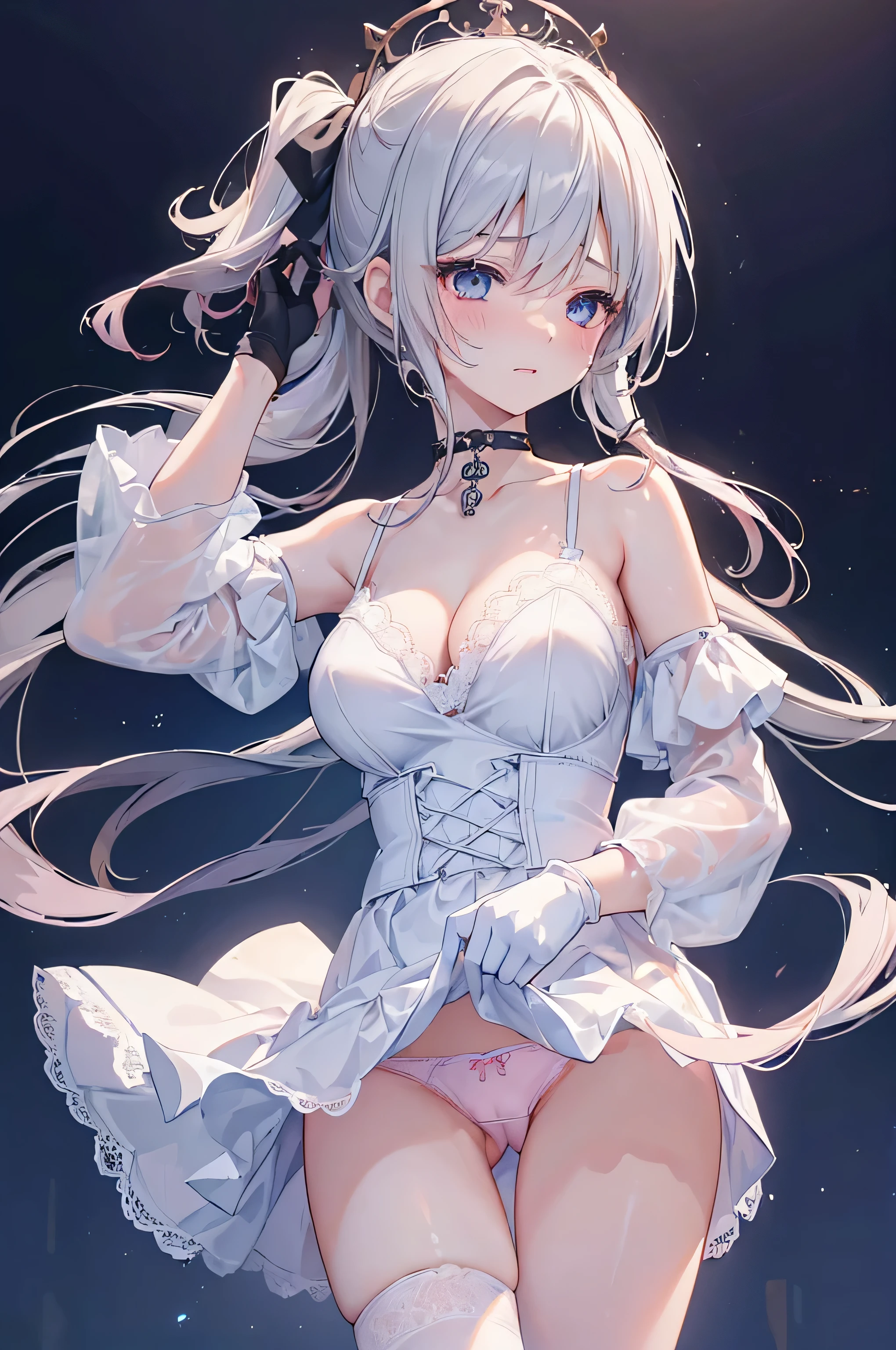 (8K, highest quality, masterpiece:1.2),(blue colored eyes),((Clothes details)),High-definition CG Unity 8K, concentrated, realistic, Shadow, soft lighting, cowboy shot, gray hair, Flutter Hair, nice, gentle smile, village girl, high waist skirt, white skirt, long sleeve, ribbon, white dress, gloves, Choker Noble Necklace. (blush:1), (Put one hand in your panties:1.8), (pussy juice:1.2),(White and pink panties with lots of lace:1.3), white lace bra:1.2), sexy underwear, Thighhighs、 beautiful big breasts, (erect nipples:1), The skirt is rolled up,embarrassed look、The expression of someone who is holding back from going to the toilet, (Sexual pleasure expression:1.4), (expression of agony:1.2)、close your eyes、sexy look、look up、mouth half open、climax、(live stage、a lot of spectators:1.3)、whole body