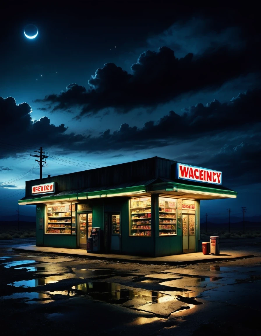 Midnight convenience store，Pitch black sky，Wasteland，，desolate，fear，Weird，mystery，dark