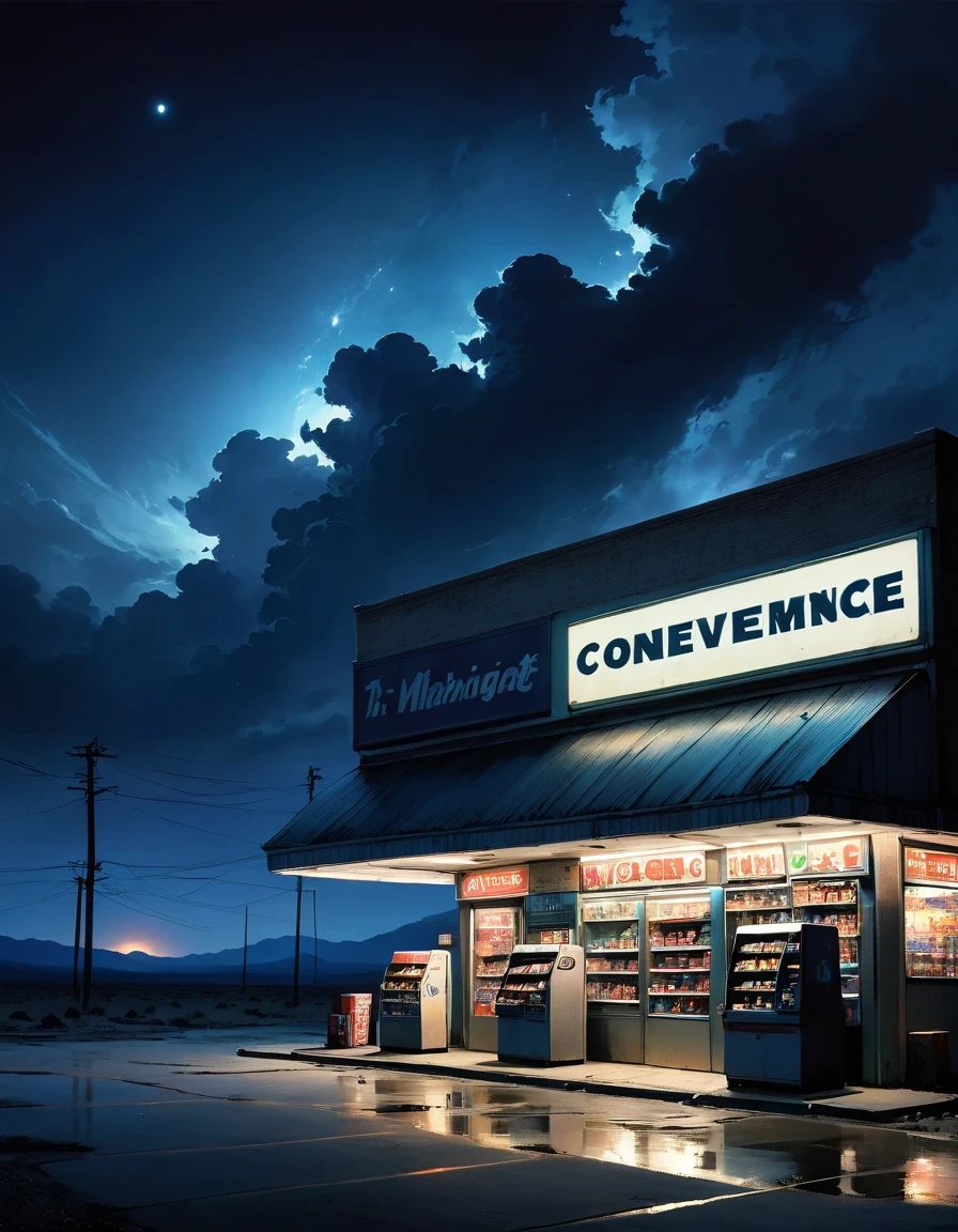 Midnight convenience store,Pitch black sky,Wasteland,,desolate,fear,Weird,mystery,dark