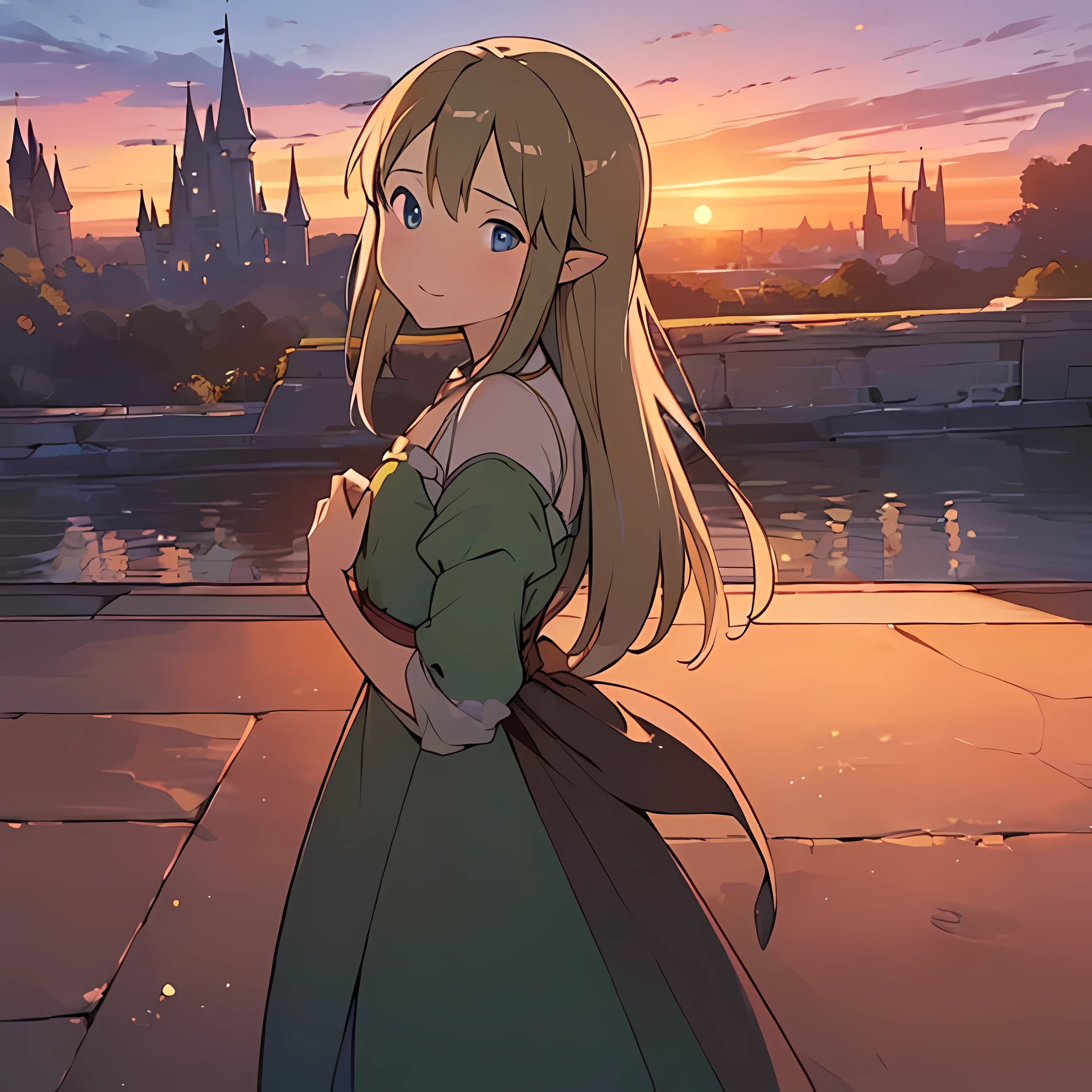 (masterpiece:1.5),(Best quality:1.5),A boy telling birthday wishes to a Girl, a cute scene, ((background Rapunzel castle)), (Evening ambience), ((sunset lighting)), ray tracing , 4k , best quality background, (highly detailed background lightings)