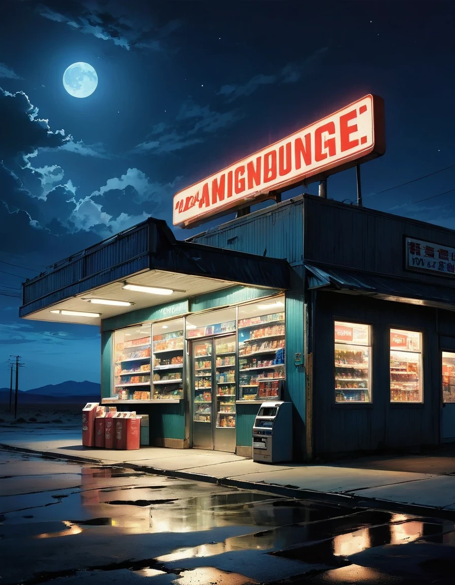 Midnight convenience store，Pitch black sky，Wasteland，，desolate，fear，Weird，mystery，dark
