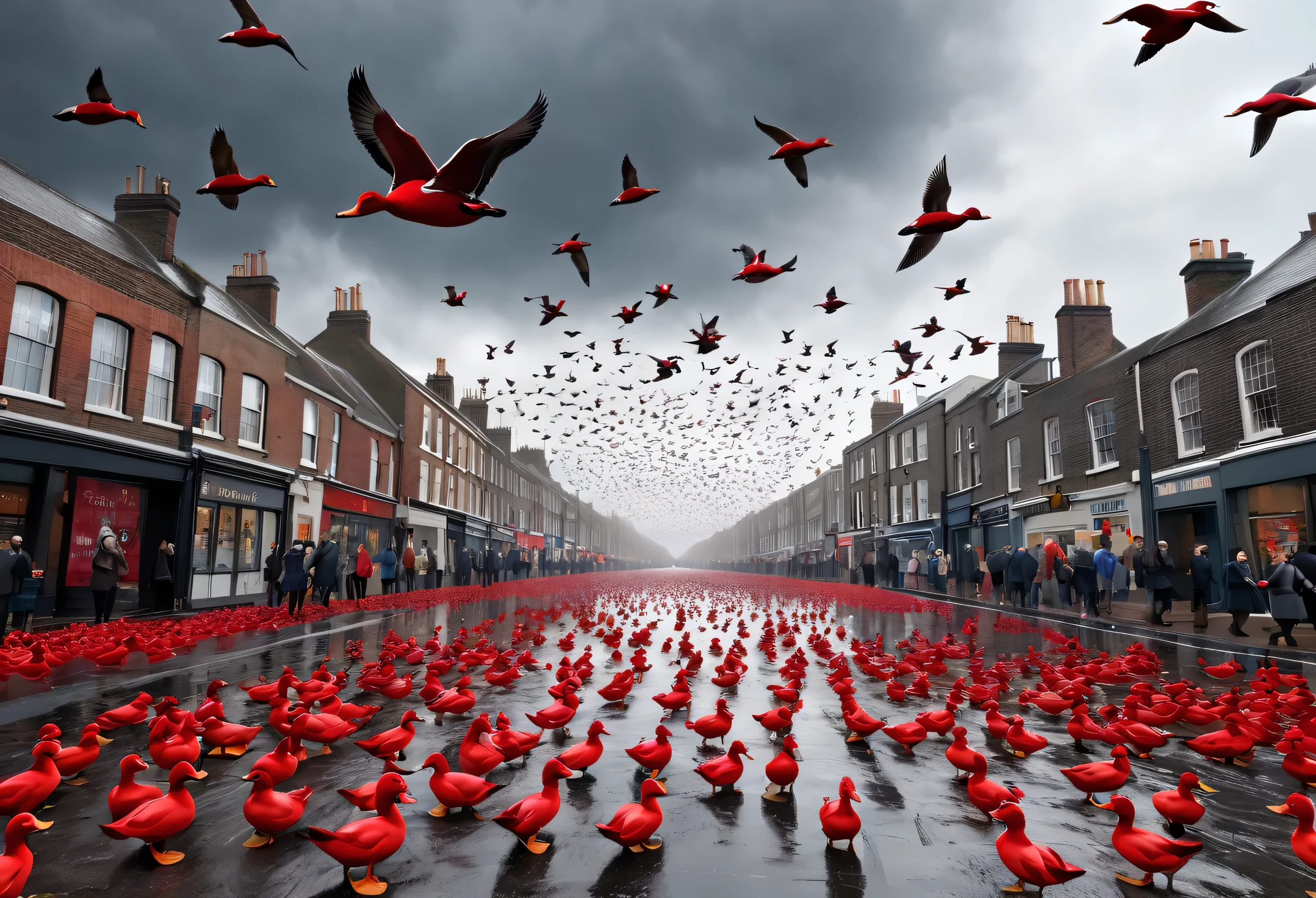 ((Many red ducks fell from the sky.)), The atmosphere is gloomy in England.,The sky was frighteningly overcast.,Very high detail, The images are very realistic., A lot of people screamed.
