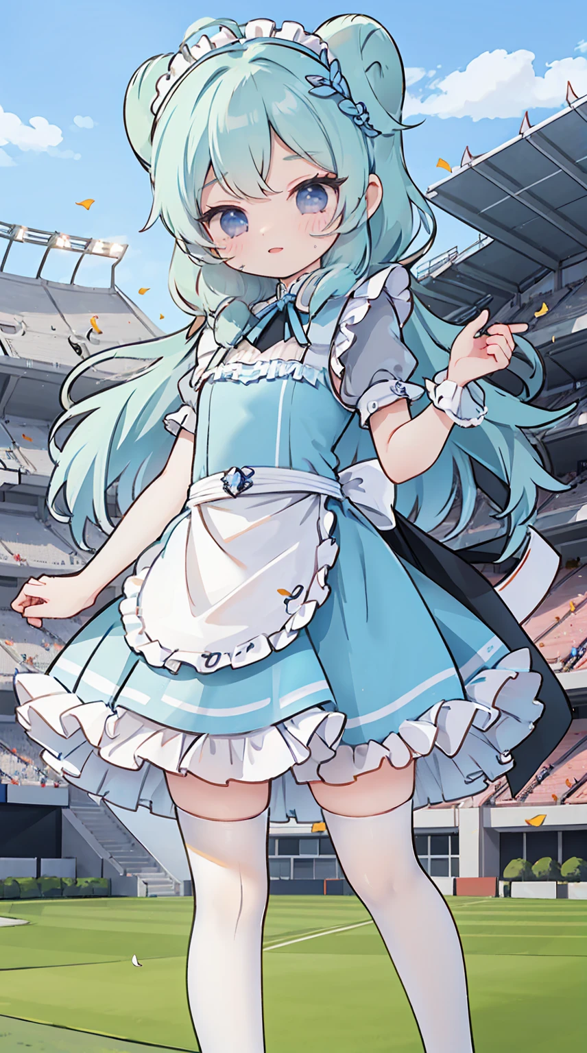 masterpiece, best quality, high resolution, aabeta, double, outdoor, standing, stadium, slim waist, cute, {{{{{pastel blue fluffy puffy dress, (white apron )}}}}}