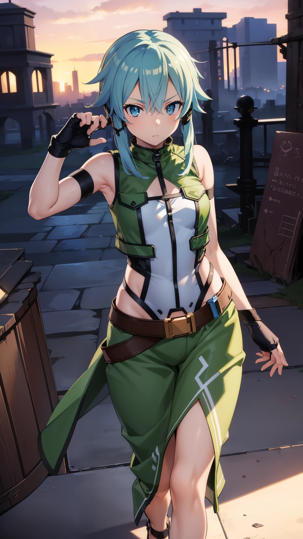 (masterpiece), highest quality, expressive eyes, perfect face, High resolution, sinon 1, fingerless gloves, thigh strap, put your hand on your waist, field, ruins background, Are standing, cowboy shot, pov,nude,naked,