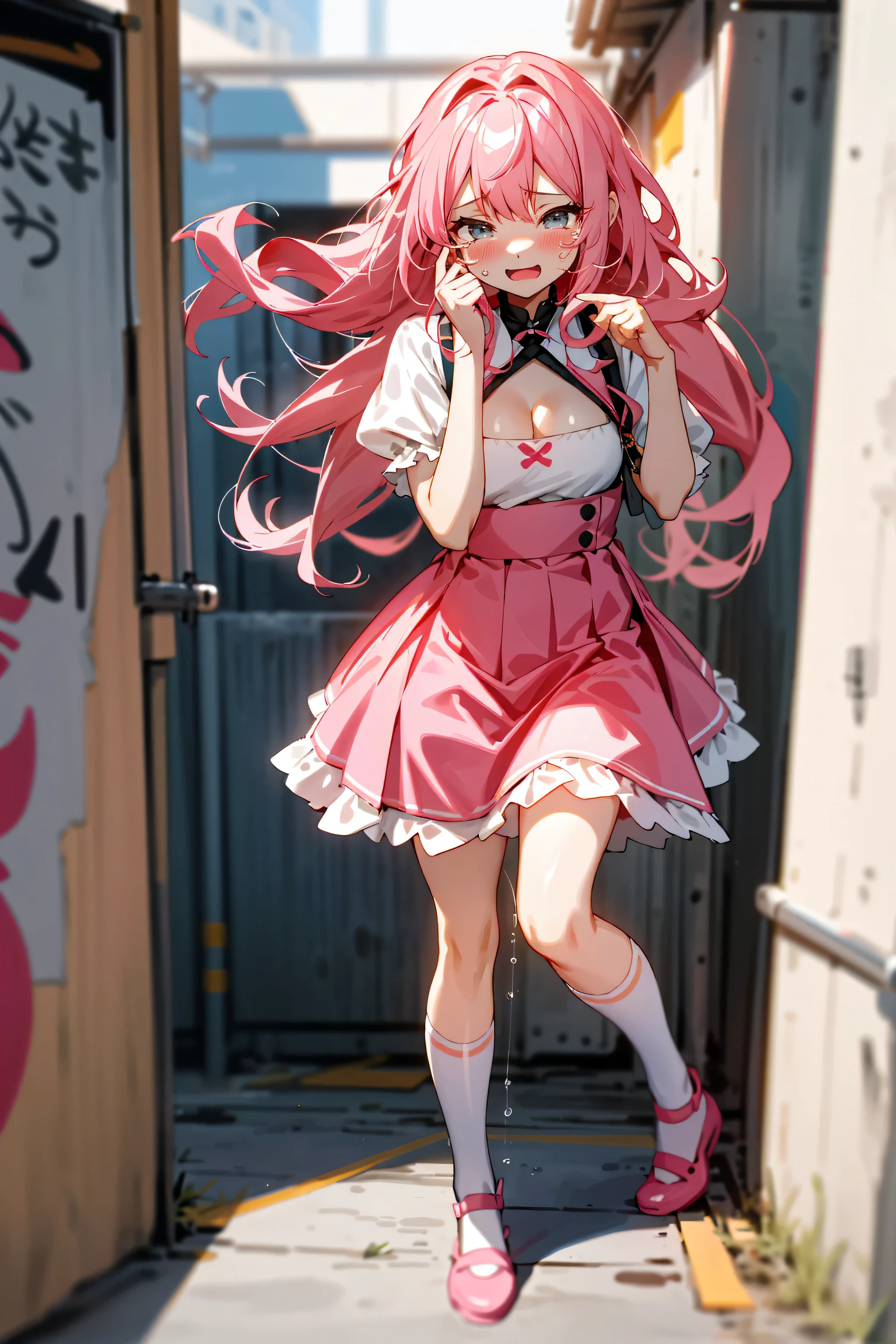 Highly detailed CG integrated 8k wallpaper, Very detailed 8KCG wallpaper,, huge cleavage(1.5),cute long pink hair、Girl in a cute dress、girl goes to the toilet、avert your eyes、Are standing、embarrassing、blush、open your mouth、street(girl is peeing:1.7)、mini skirt,white stockings(1.7),Tighten your legs,beautiful face,detailed and beautiful eyes,small ,For 6 ,There's love in my eyes(1.5),beautiful hair、Are crying,Shyness and nervousness