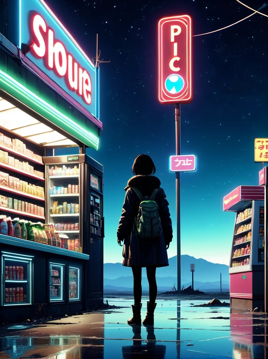 Midnight convenience store,Pitch black sky,Wasteland,,desolate,fear,Weird,mystery,dark
