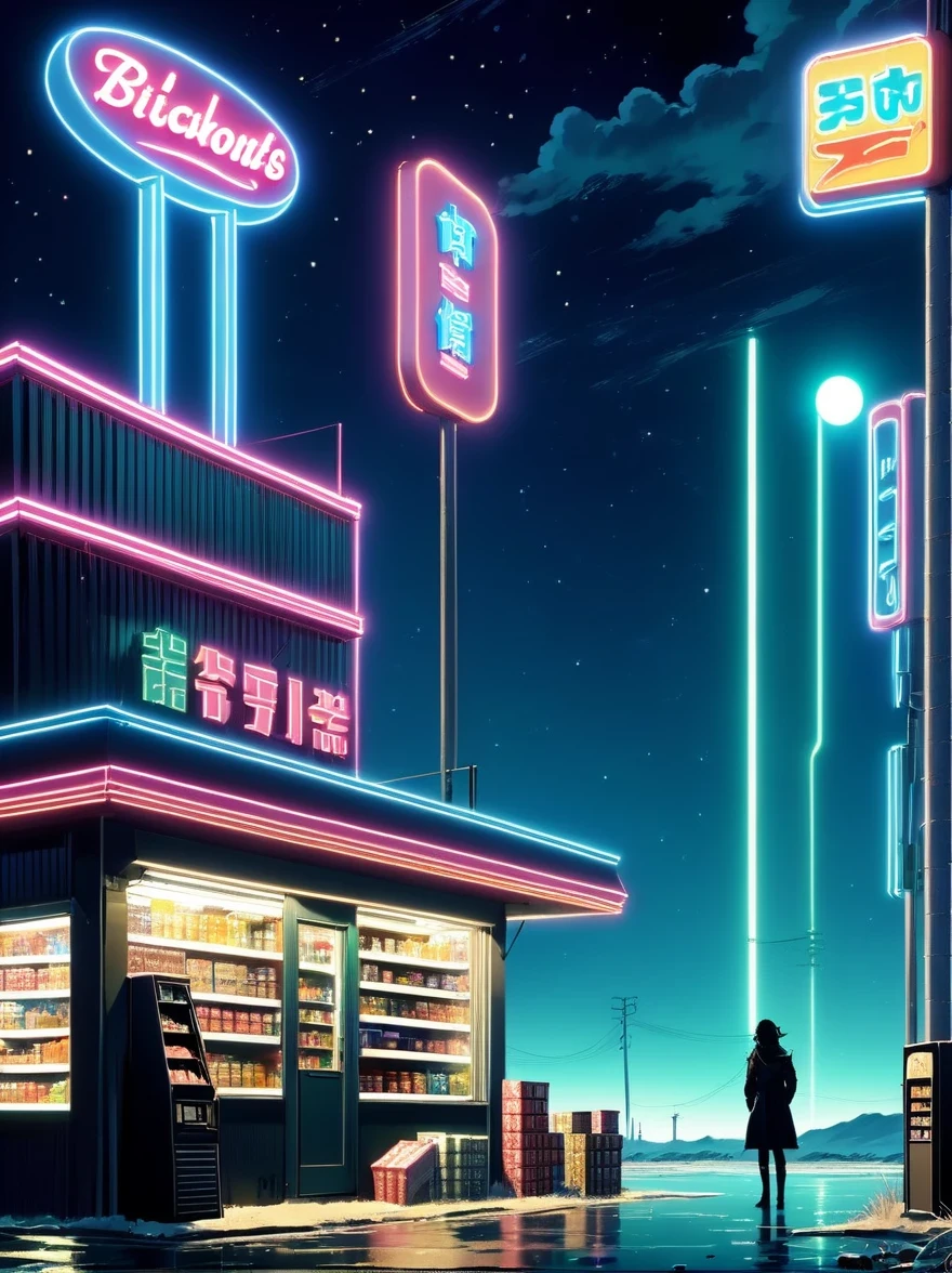 Midnight convenience store,Pitch black sky,Wasteland,,desolate,fear,Weird,mystery,dark