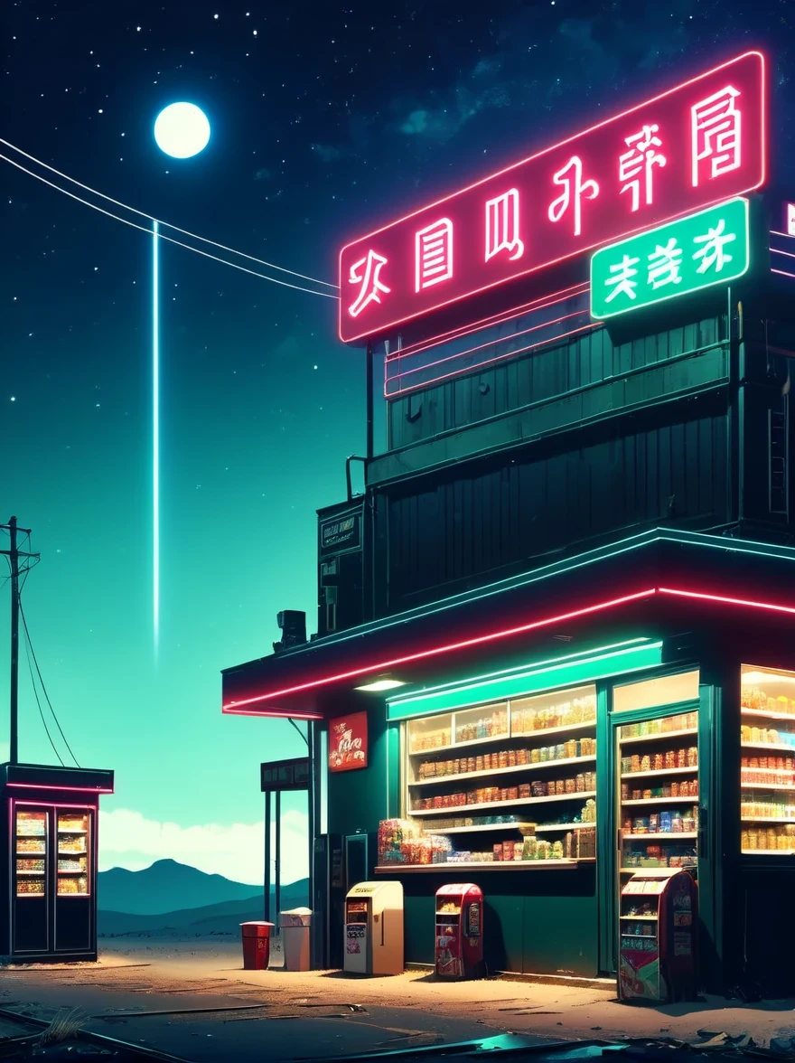 Midnight convenience store，Pitch black sky，Wasteland，，desolate，fear，Weird，mystery，dark