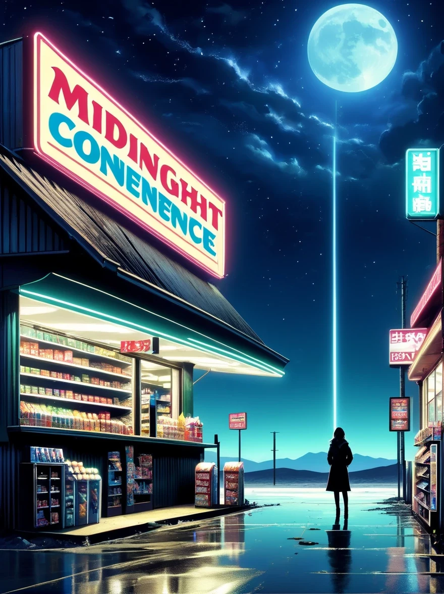 Midnight convenience store,Pitch black sky,Wasteland,,desolate,fear,Weird,mystery,dark