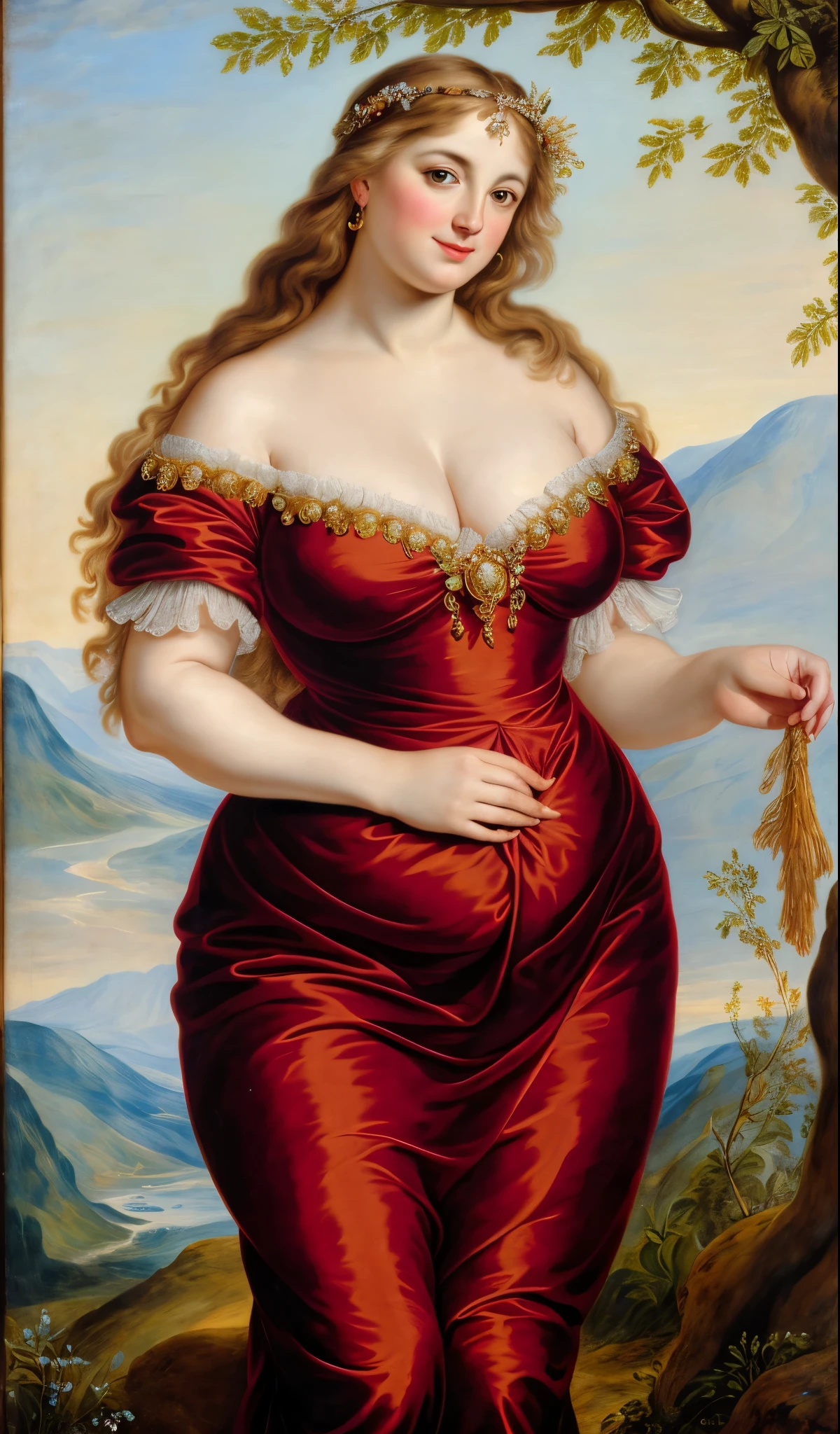 Original Character, ethereal beauty, aesthetic, Masterpiece, 45 years old Woman, thick figure, Full figured lady, middle aged beautiful woman, Best quality, high clarity eyes, critically flawless,sharp picture, styled hair, long hair, fluffy hair, Full portrait, High pixels, perfect face, perfect eyes, beautiful face, perfect hands,perfect fingers, in Peter Paul Rubens style, by Peter Paul Rubens, baroque style, acrylic on canvas, highly detailed, description: "Create a nymph inspired by the tales of Greek or Roman mythology, embodying the essence of a natural element or location, and possessing a unique ability or trait that sets her apart.", complex details, intricate, pierced eyes,