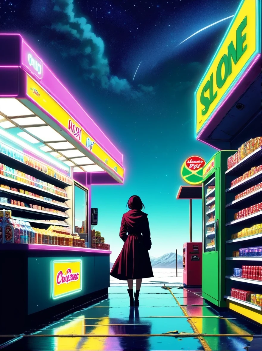 Midnight convenience store,Pitch black sky,Wasteland,,desolate,fear,Weird,mystery,dark