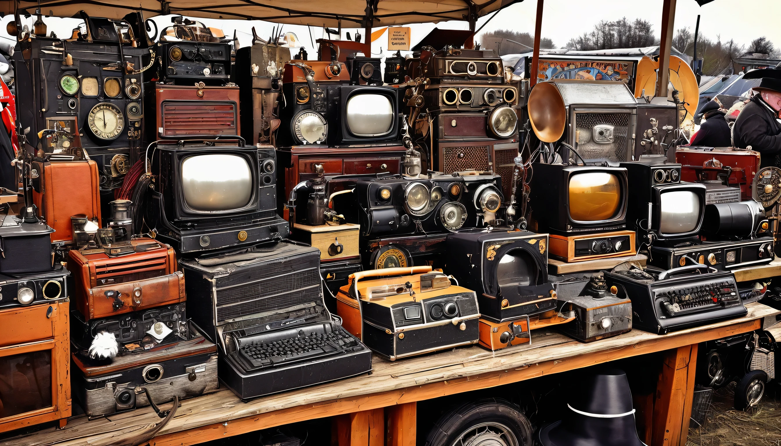 Steampunk style textures Witches flea market with old electronics and machinery for sale. Many witches and wizards gather and bargain for goods. The flea market is set up next to a Shetland Sheepdog meeting place, and the witches and wizards are accompanied by Shetland Sheepdogs. A fine vintage photograph. It is finished in a poster style and has the words "Shetland Sheepdog Alsace" designed on it.