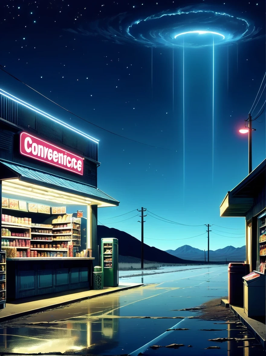 Midnight convenience store,Pitch black sky,Wasteland,,desolate,fear,Weird,mystery,dark