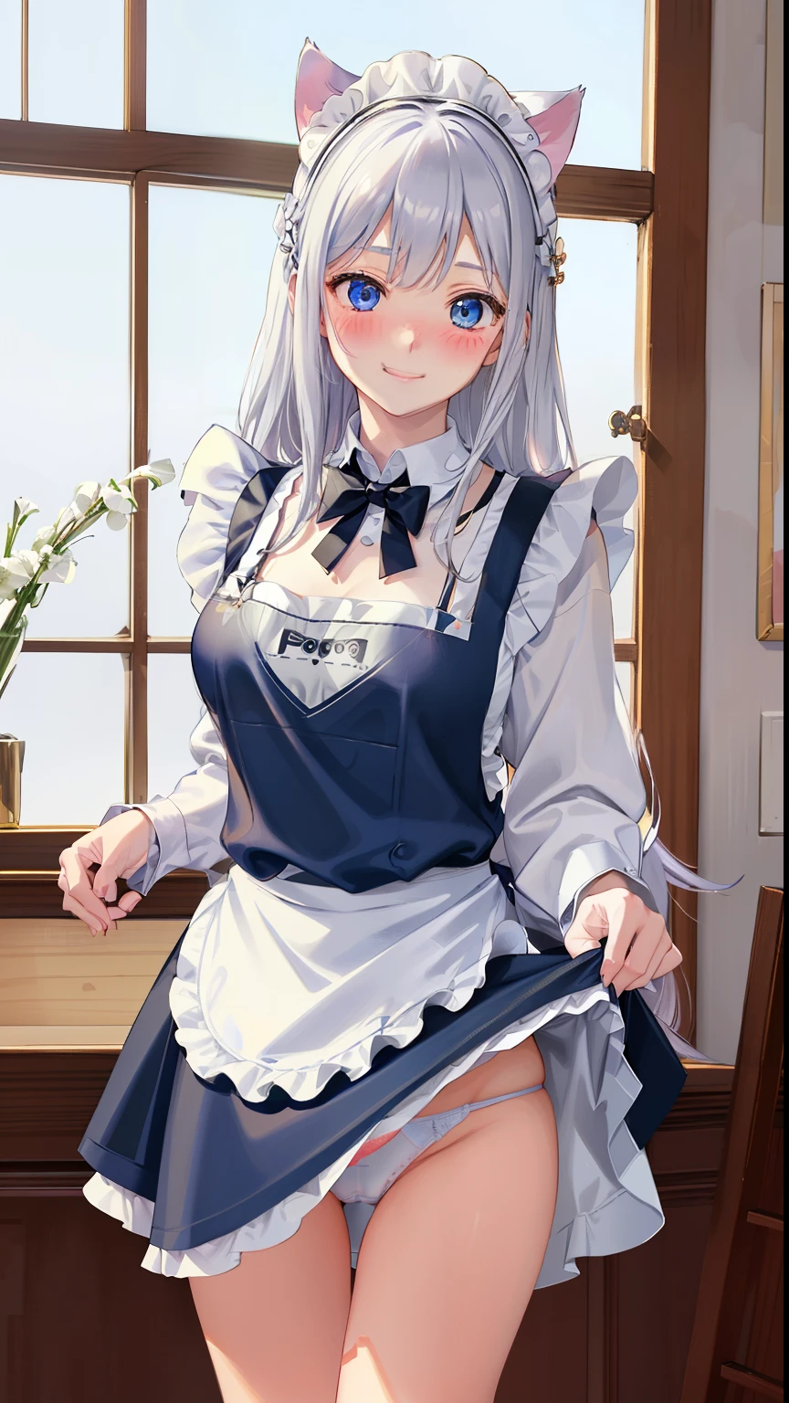 highest quality、masterpiece、((1 girl))、((smile))、(blush:1.4)、black shirt、blouse、((fun!!))、(small breasts)、(Cat ear:1.3)、(silver hair)、()、((white apron:1.5))、((maid))、((hair ornaments)),、Kamimei、look at me、 ((in house:1.5))、 Take a break to watch the audience、cowboy shot、(skirt lift:1.3),(highly detailed white panties:1.3)、(highly detailed panties:1.3)、、(スカート that rolls up:1.3)、(fully exposed panties:1.5)、light blue eyes、long hair