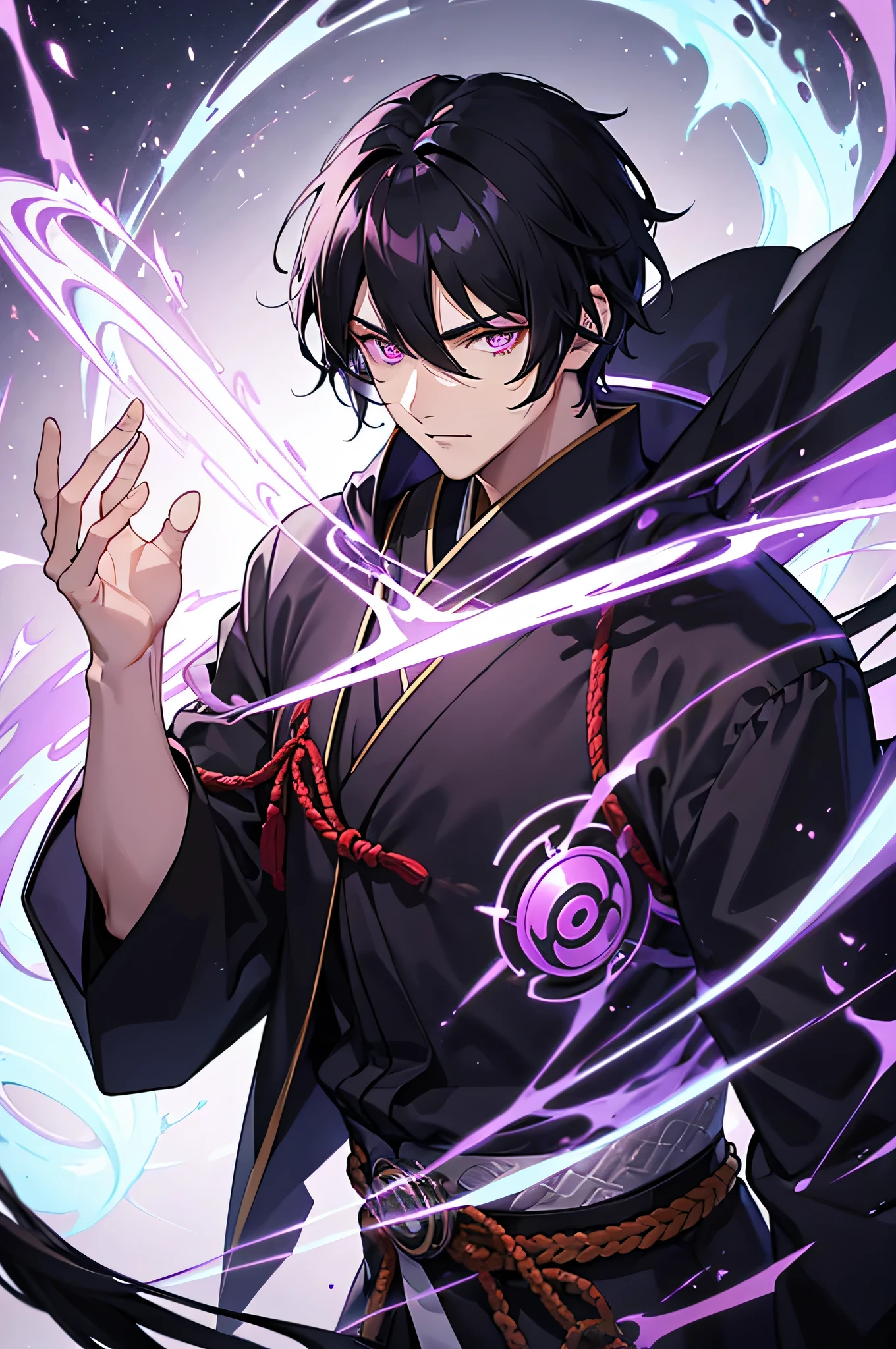 1 man, purple glowing eyes, black hair, handsome, 8k, male, japanese clothing, evil
