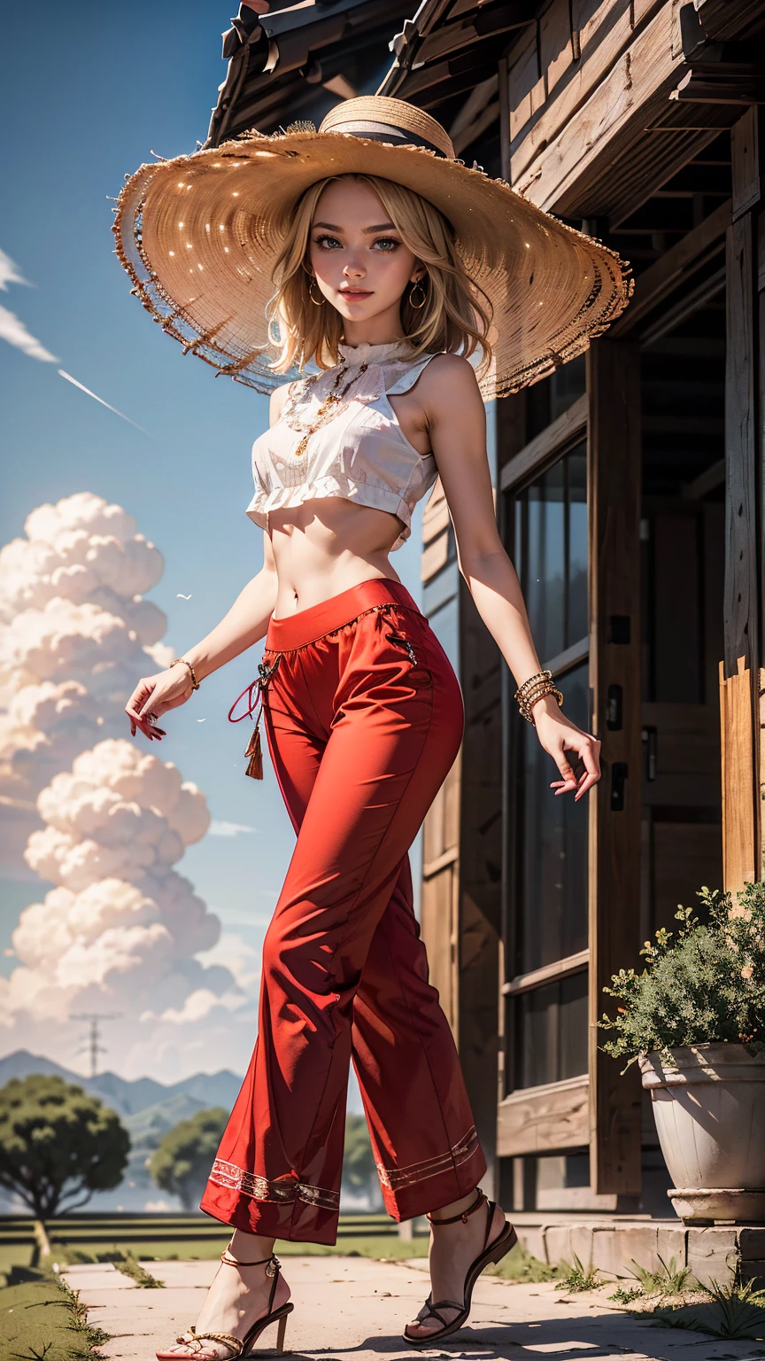 ((最high quality, 8K, masterpiece: 1.3, Ultra HD, high quality, 最high quality, High resolution, realism)) 、A 22-year-old extremely beautiful white woman、Hair color blonde、blue eyeedium hair、straight hair、smile、Slender but well-proportioned, slim and muscular body、Athlete-like body type、I don't want my head to disappear from the screen.、Wearing accessories on the wrist、Put an anklet on your ankle、Wearing red nail polish、I have a peticure、Wear a high-neck zipper-up top、Sheer harem pants((harem pants))wear、サンダルwear、countryside on a summer evening、Walking along the ridge path of the rice fields、Cumulonimbus clouds in the evening sky、wear a large-brimmed hat、walk while shaking tree branches