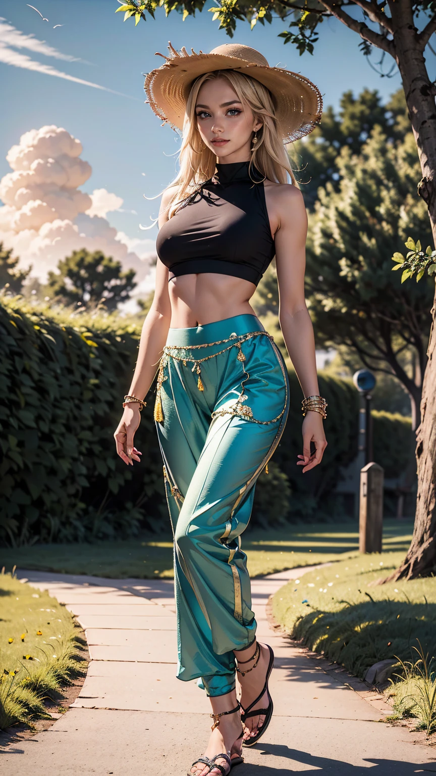 ((最high quality, 8K, masterpiece: 1.3, Ultra HD, high quality, 最high quality, High resolution, realism)) 、A 22-year-old extremely beautiful white woman、Hair color blonde、blue eyeedium hair、straight hair、smile、Slender but well-proportioned, slim and muscular body、Athlete-like body type、I don&#39;t want my head to disappear from the screen.、Wearing accessories on the wrist、Put an anklet on your ankle、Wearing red nail polish、I have a peticure、Wear a high-neck zipper-up top、Sheer harem pants((harem pants))wear、サンダルwear、countryside on a summer evening、Walking along the ridge path of the rice fields、Cumulonimbus clouds in the evening sky、wear a large-brimmed hat、walk while shaking tree branches