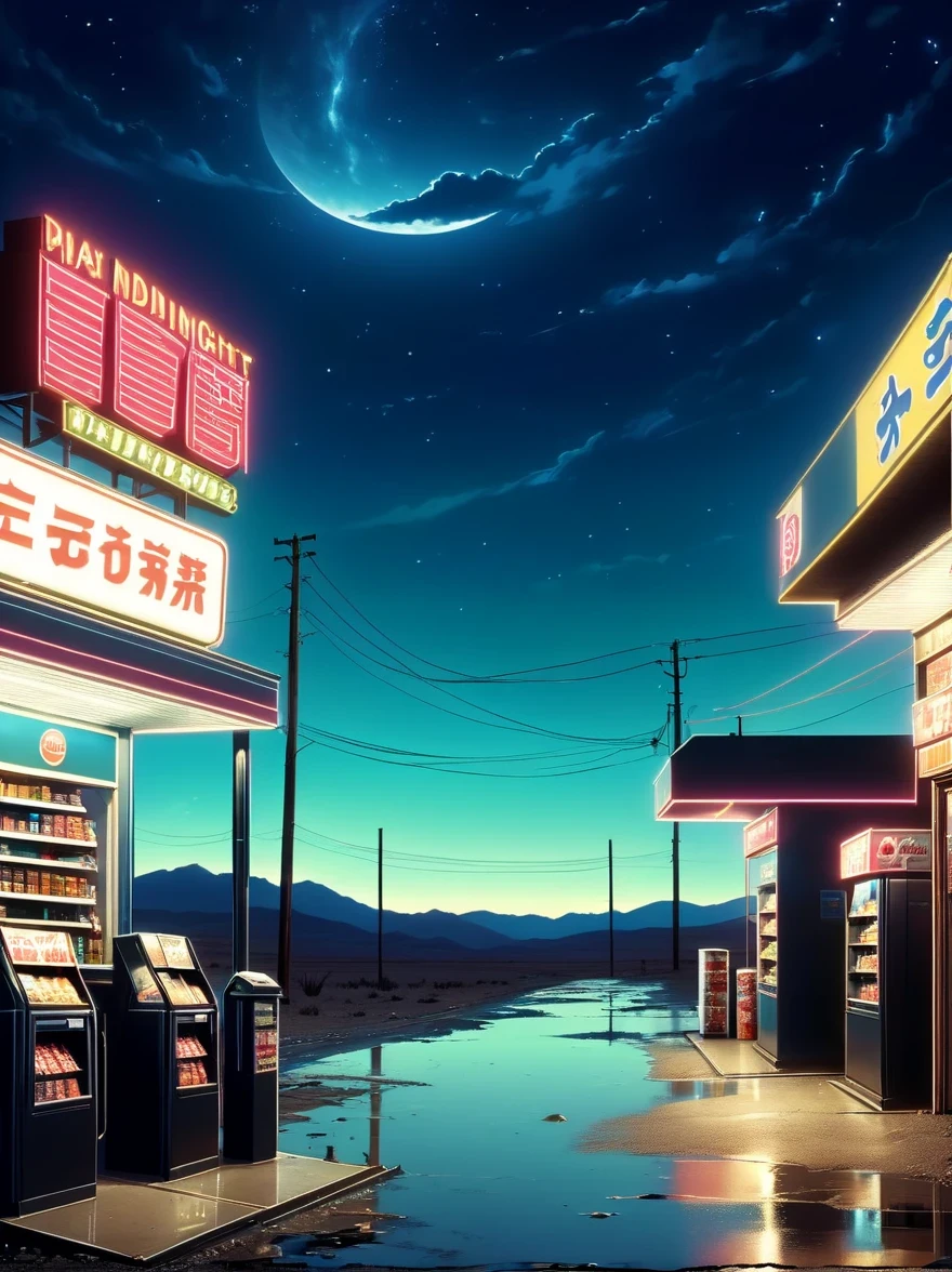 Midnight convenience store,Pitch black sky,Wasteland,,desolate,fear,Weird,mystery,dark