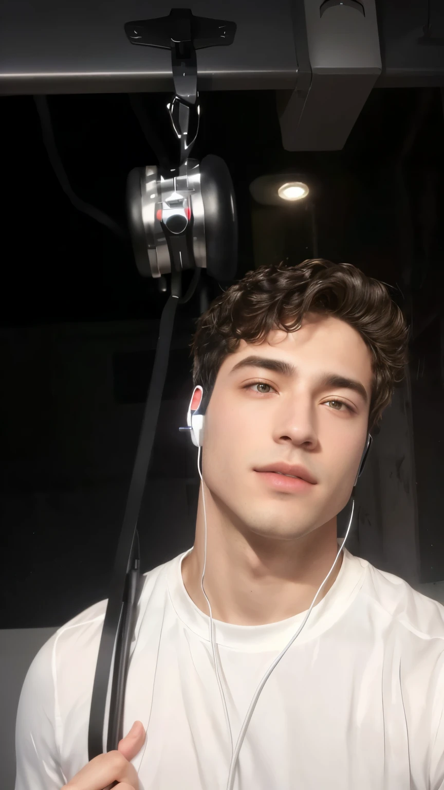 arafed man with headphones and earphones on holding a tripod, headshot profile picture, with head phones, perfectly lit face, mid-shot of a hunky, with headphones, 1 / 4 headshot, 1 / 2 headshot, looking defiantly at the camera, halfbody headshot, headshot photo, closeup headshot, taken in the early 2020s, he has headphones