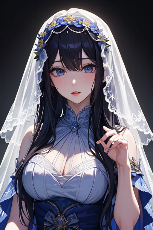 masterpiece, masterpiece_portrait, distinct, distinct_image, high_resolution, highres, high_quality_anime, high_quality, hyper_detail, finely_detailed,4K, YUJU, GFRIEND, KPOP , Wedding Dress, sexy body, ((black hair)), blue eyes, wedding veil, bouquet