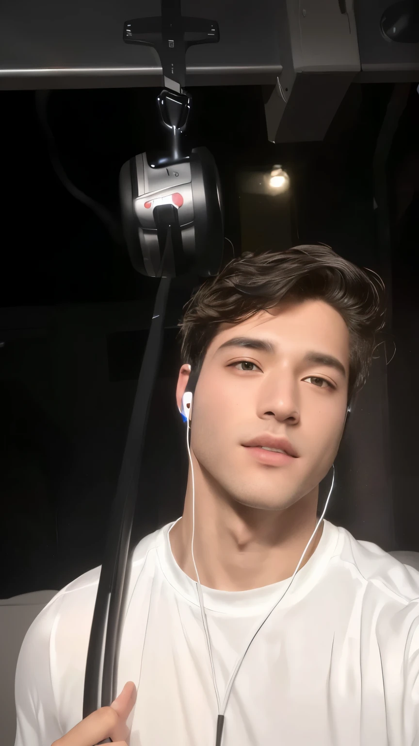 arafed man with headphones and earphones on holding a tripod, headshot profile picture, with head phones, perfectly lit face, mid-shot of a hunky, with headphones, 1 / 4 headshot, 1 / 2 headshot, looking defiantly at the camera, halfbody headshot, headshot photo, closeup headshot, taken in the early 2020s, he has headphones