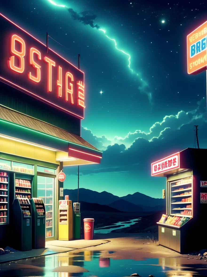 Midnight convenience store,Pitch black sky,Wasteland,,desolate,fear,Weird,mystery,dark