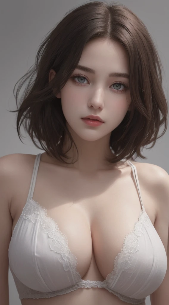 movie lighting、Perfect、soft light、high resolution skin:1.2、Realistic skin texture、、30 years old adult、No makeup、Detailed beautiful eyes、short hair、Dark brown hair、Bust E cup、huge breasts、、cool pose、gray background、
