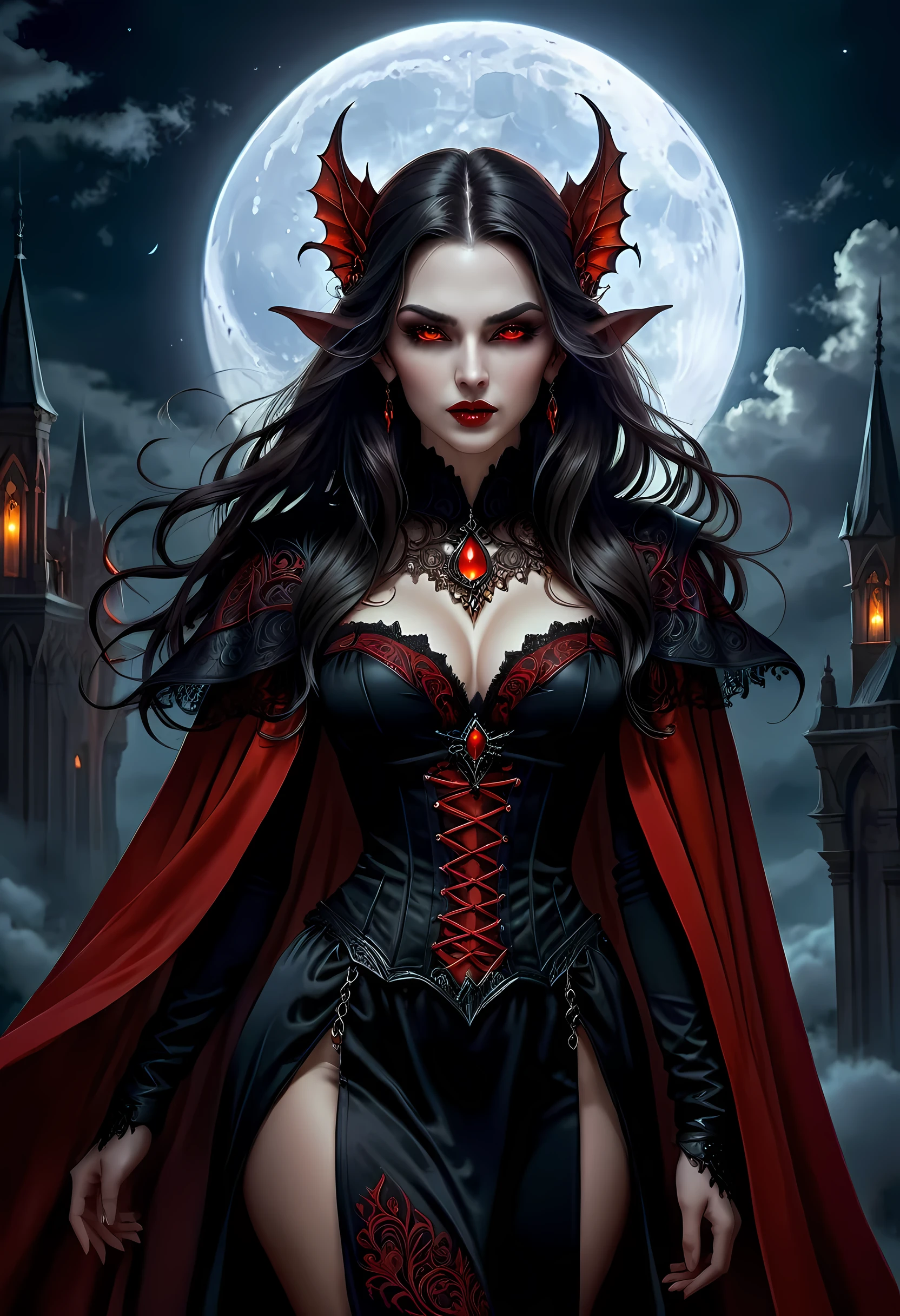 fantasy art, gothic art, (masterpiece:1.5), full body best details, highly detailed, best quality, Glowing Red, highres, full body portrait of a vampire, elf (Masterpiece, best quality: 1.6), ultra feminine, wizard, (intricate details, Masterpiece, best quality: 1.5) with a long curvy hair, light color hair, (orange:1.3) eyes, (fantasy art, Masterpiece, best quality), ((beautiful delicate face)), Ultra Detailed Face (intricate details, fantasy art, Masterpiece, best quality: 1.5), [[vampiric fangs 1.5]] (red cloak: 1.3) , flowing cloak (intricate details, fantasy art, Masterpiece, best quality: 1.3), wearing an intricate (black: 1.2) dress (intricate details, fantasy art, Masterpiece, best quality: 1.5), high heeled boots, urban background (intense details, beat details), fantasy, at night light, natural ,moon light, clouds, gothic atmosphere, soft light, dynamic light, [[anatomically correct]], high details, best quality, 8k, [ultra detailed], masterpiece, best quality, (extremely detailed), dynamic angle