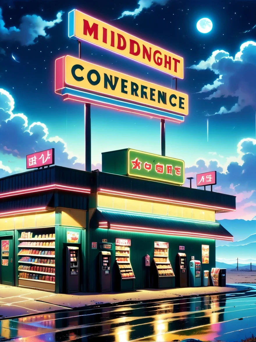 Midnight convenience store,Pitch black sky,Wasteland,,desolate,fear,Weird,mystery,dark