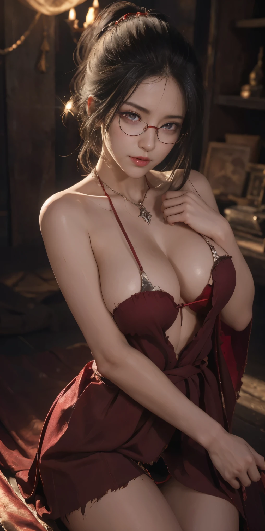 masuter piece、top-quality、Highest Standards、Top image quality、masutepiece、intricate detailes、High resolution、Depth Field、natural soft light、profetional lighting、Great smile、cheeks are reddened、(High Detail Skin: 1.2)、photorealistic anime girl render、Strong highlights of the eyes、Very large breasts、Perfect Anatomy、crotch open、blushing、Shy、Lying down、Panties are visible、Skirt flipping、((Torn and tattered damaged))、Body shiny with oilerectile nipple))、8K resolution、intricate clothing、Intricate details、Panties visible through the skirt、Panties in full view、short bob cute, Fine、(The best illustrations)、8k UHD resolution、intricate-detail、top-quality、realisitic、ultra-detailliert、The best lighting、Best Shadows、Soft lighting、Ulutra HD、Dungeon and Dragon、caves、Dungeon、 A Necromancer、natta、Dark style、Succubus、Devil's Daughter、Bat Wings,(((Demon Hornlack-rimmed round glasses))))、(((Colossal tits)))、(Devil's Tail)、(red eyes glowing:1.6)、masterpiece、beautiful countenance、Tindall Effect、photos realistic、(High Detail Skins:1.2)、8KUHD、Digital SLR、hightquality、a picture、hight resolution、 absurderes、Ponytail distortion、best ratio four finger and one thumb、1 girl、hair adornments、Red sparkling gemstone necklace、jewely、Beautiful expression、Body Up、Large breasts emphasis、Toned waist、Wide buttocks、Tindall Effect、Photorealsitic、(High Detail Skins:1.2)、pink nipple, pink pussy