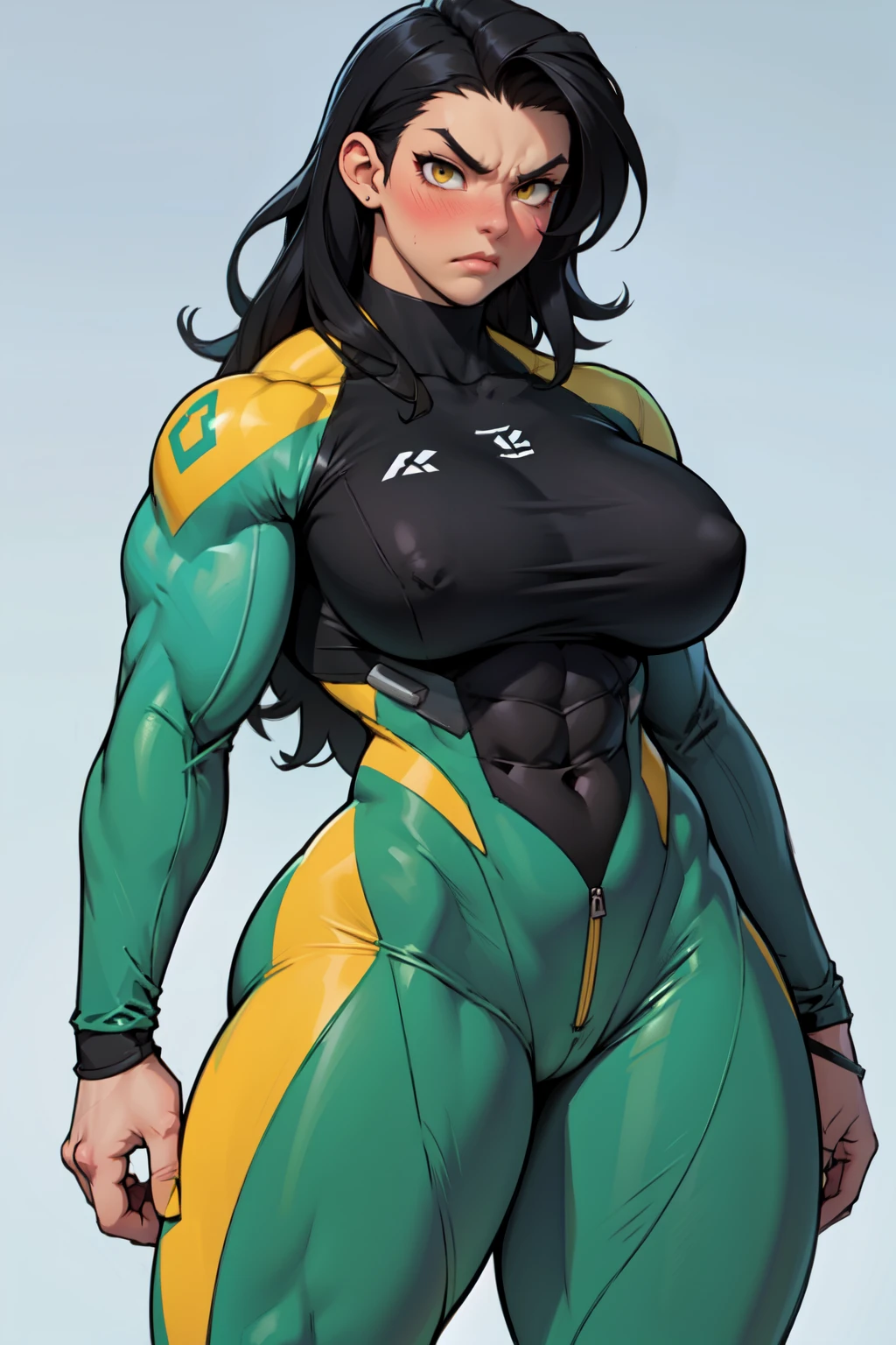 1girl (((muscular toned body))) huge breasts thick thighs wide hips curvy abs black hair yellow eyes very long hair pale skin voluptuous angry blush bodysuit