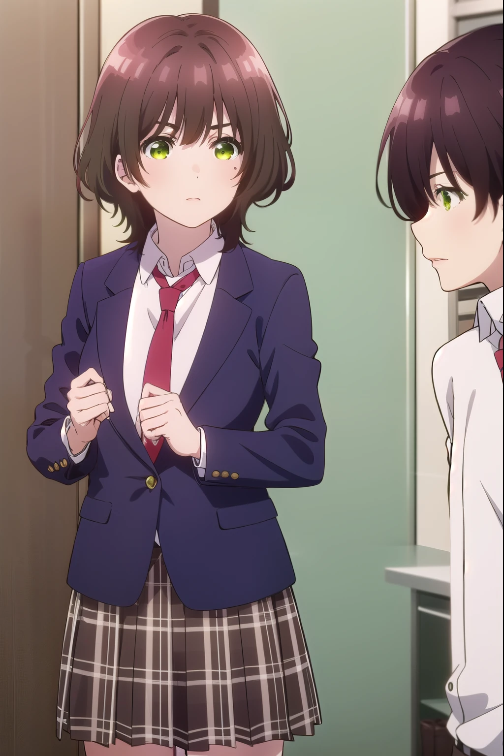 aoi hinami, short hair, bangs, brown hair, (green eyes:1.5),skirt, shirt, long sleeves, , jacket, white shirt, pleated skirt, necktie, collared shirt, plaid, plaid skirt, blazer, red necktie,