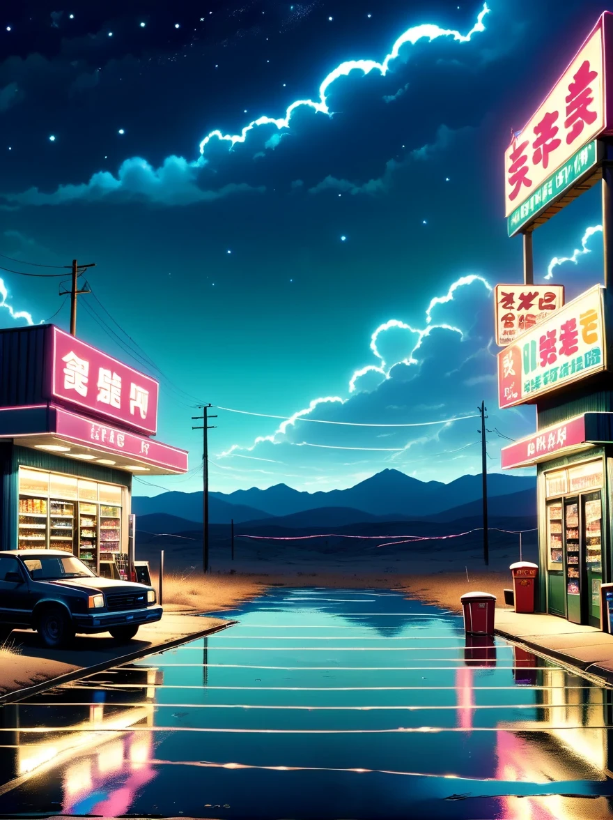 Midnight convenience store，Pitch black sky，Wasteland，，desolate，fear，Weird，mystery