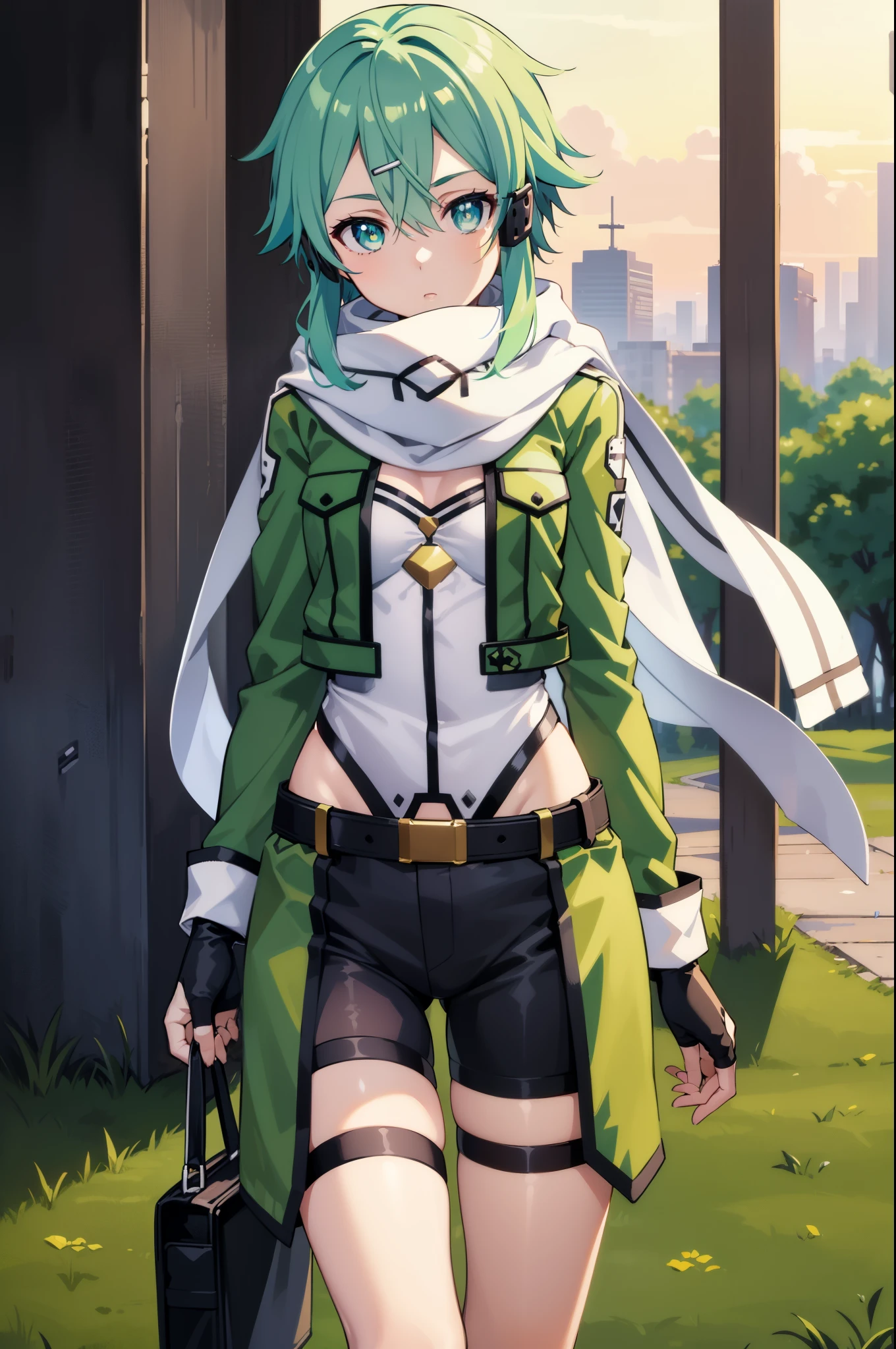 (masterpiece), highest quality, expressive eyes, perfect face, High resolution, sinon 1, scarf, fingerless gloves, long sleeve, short shorts, hair ornaments, hair clip, green knee socks, green jacket, thigh strap, put your hand on your waist, field, ruins background, Are standing, cowboy shot, looking at the viewer