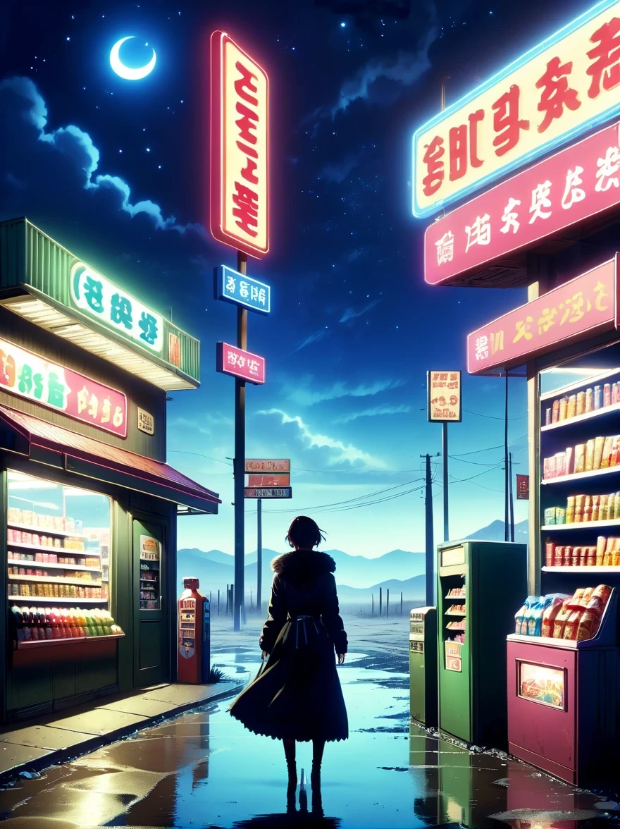 Midnight convenience store,Pitch black sky,Wasteland,,desolate,fear,Weird,mystery