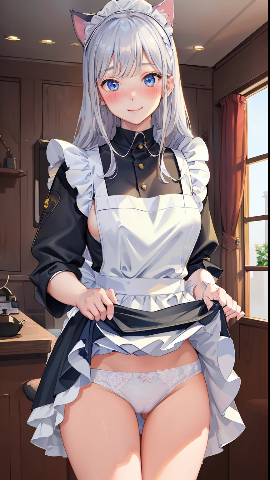 highest quality、masterpiece、((1 girl))、((smile))、(blush:1.4)、black shirt、blouse、((fun!!))、(small breasts)、(Cat ear:1.3)、(silver hair)、()、((white apron:1.5))、((maid))、((hair ornaments)),、Kamimei、look at me、 ((in house:1.5))、 Take a break to watch the audience、cowboy shot、(skirt lift:1.3),(highly detailed white panties:1.3)、(highly detailed panties:1.3)、、(スカート that rolls up:1.3)、(fully exposed panties:1.5)、light blue eyes、long hair