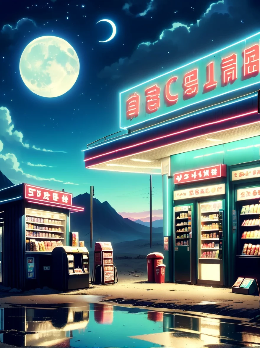 Midnight convenience store,Pitch black sky,Wasteland,,desolate,fear,Weird,mystery