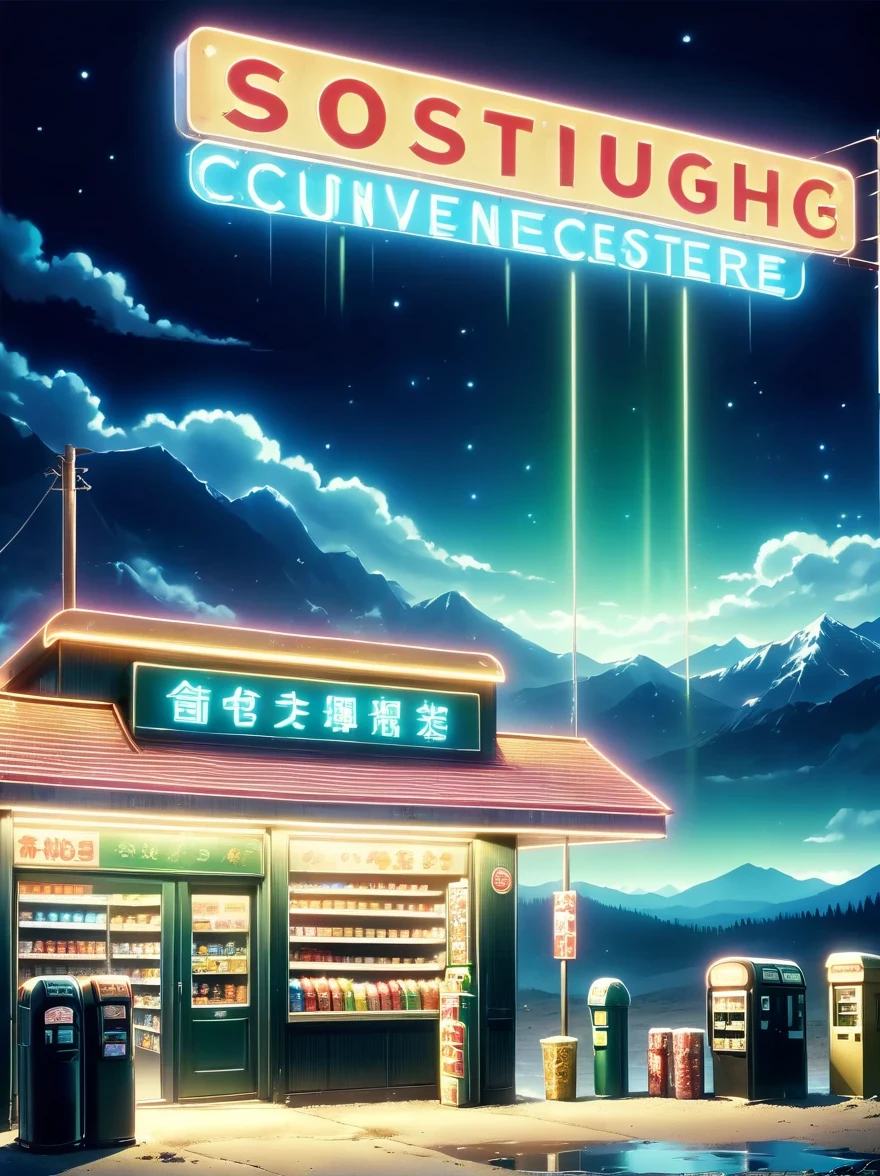 Midnight convenience store,Pitch black sky,Wasteland,,desolate,fear,Weird,mystery
