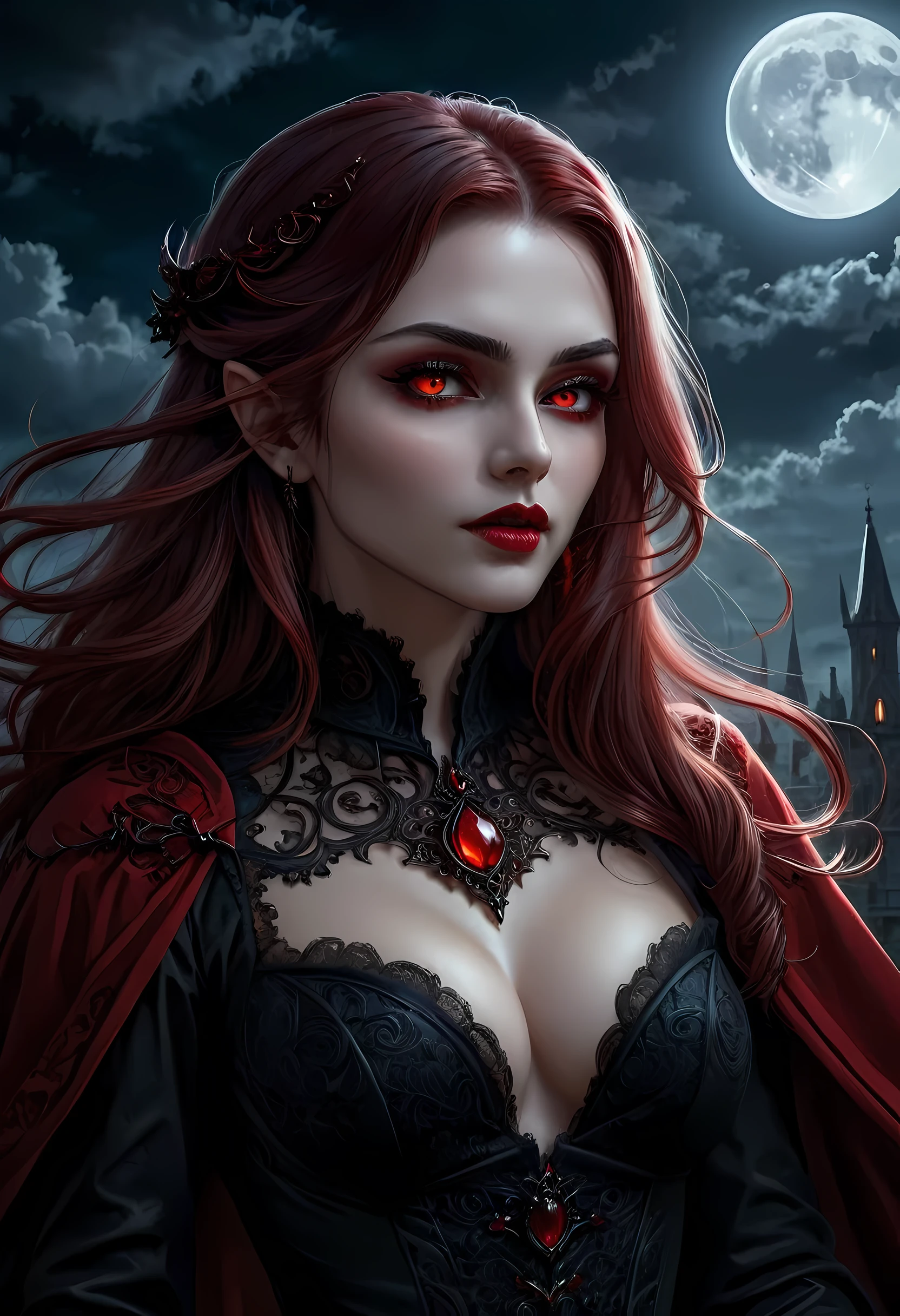 fantasy art, gothic art, (masterpiece:1.5), full body best details, highly detailed, best quality, Glowing Red, highres, full body portrait of a vampire, elf (Masterpiece, best quality: 1.6), ultra feminine, wizard, (intricate details, Masterpiece, best quality: 1.5) with a long curvy hair, light color hair, (scarlet:1.3) eyes, (fantasy art, Masterpiece, best quality), ((beautiful delicate face)), Ultra Detailed Face (intricate details, fantasy art, Masterpiece, best quality: 1.5), [[vampiric fangs 1.5]] (red cloak: 1.3) , flowing cloak (intricate details, fantasy art, Masterpiece, best quality: 1.3), wearing an intricate (black: 1.2) dress (intricate details, fantasy art, Masterpiece, best quality: 1.5), high heeled boots, urban background (intense details, beat details), fantasy, at night light, natural ,moon light, clouds, gothic atmosphere, soft light, dynamic light, [[anatomically correct]], high details, best quality, 8k, [ultra detailed], masterpiece, best quality, (extremely detailed), dynamic angle