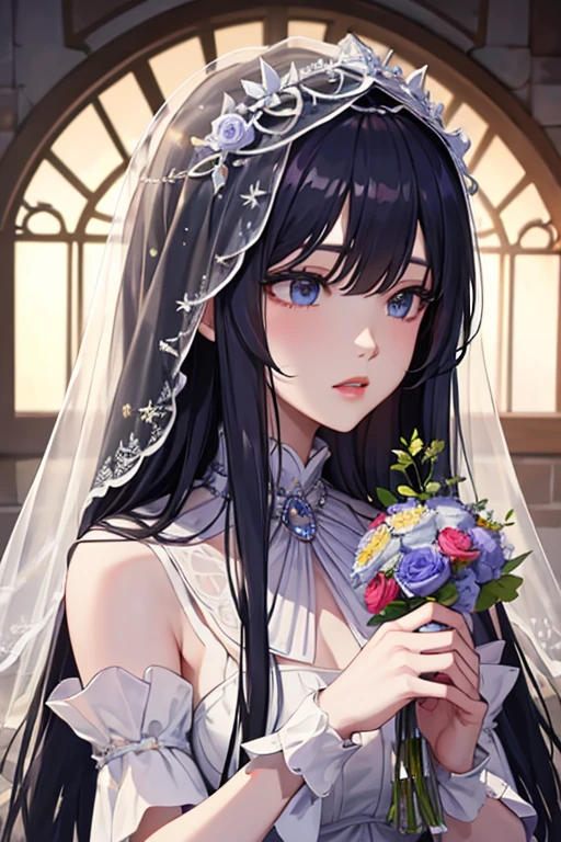 masterpiece, masterpiece_portrait, distinct, distinct_image, high_resolution, highres, high_quality_anime, high_quality, hyper_detail, finely_detailed,4K, YUJU, GFRIEND, KPOP , white Wedding Dress, sexy body, ((black hair)), blue eyes, wedding veil, bouquet