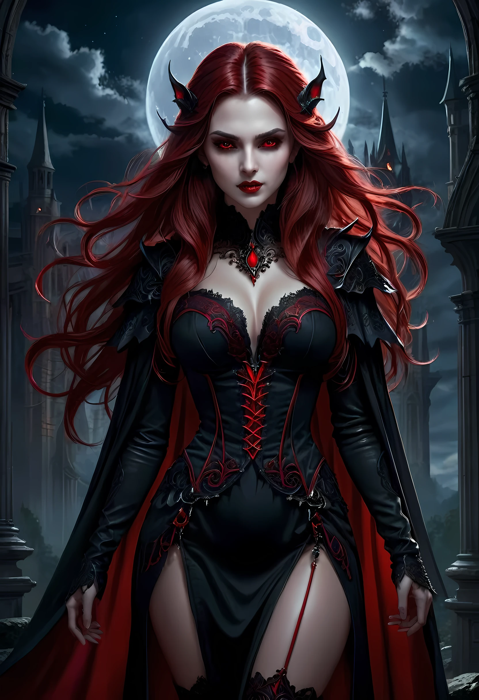 fantasy art, gothic art, (masterpiece:1.5), full body best details, highly detailed, best quality, Glowing Red, highres, full body portrait of a vampire, elf (Masterpiece, best quality: 1.6), ultra feminine, wizard, (intricate details, Masterpiece, best quality: 1.5) with a long curvy hair, light color hair, (scarlet:1.3) eyes, (fantasy art, Masterpiece, best quality), ((beautiful delicate face)), Ultra Detailed Face (intricate details, fantasy art, Masterpiece, best quality: 1.5), [[vampiric fangs 1.5]] (red cloak: 1.3) , flowing cloak (intricate details, fantasy art, Masterpiece, best quality: 1.3), wearing an intricate (black: 1.2) dress (intricate details, fantasy art, Masterpiece, best quality: 1.5), high heeled boots, urban background (intense details, beat details), fantasy, at night light, natural ,moon light, clouds, gothic atmosphere, soft light, dynamic light, [[anatomically correct]], high details, best quality, 8k, [ultra detailed], masterpiece, best quality, (extremely detailed), dynamic angle